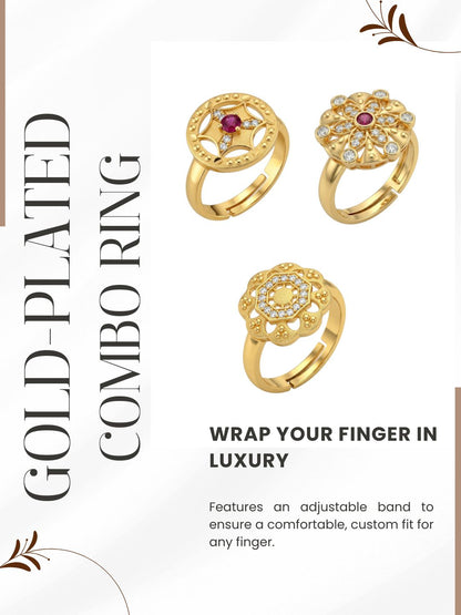 Gold Plated Adjustable Combo of 3 Rings for Women