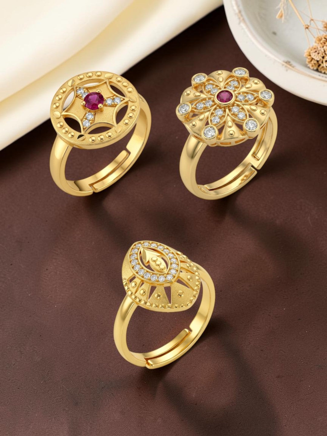 Gold Plated Adjustable Combo of 3 Rings for Women