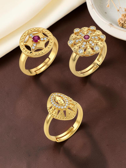 Gold Plated Adjustable Combo of 3 Rings for Women