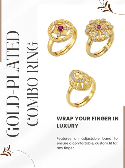 Gold Plated Adjustable Combo of 3 Rings for Women