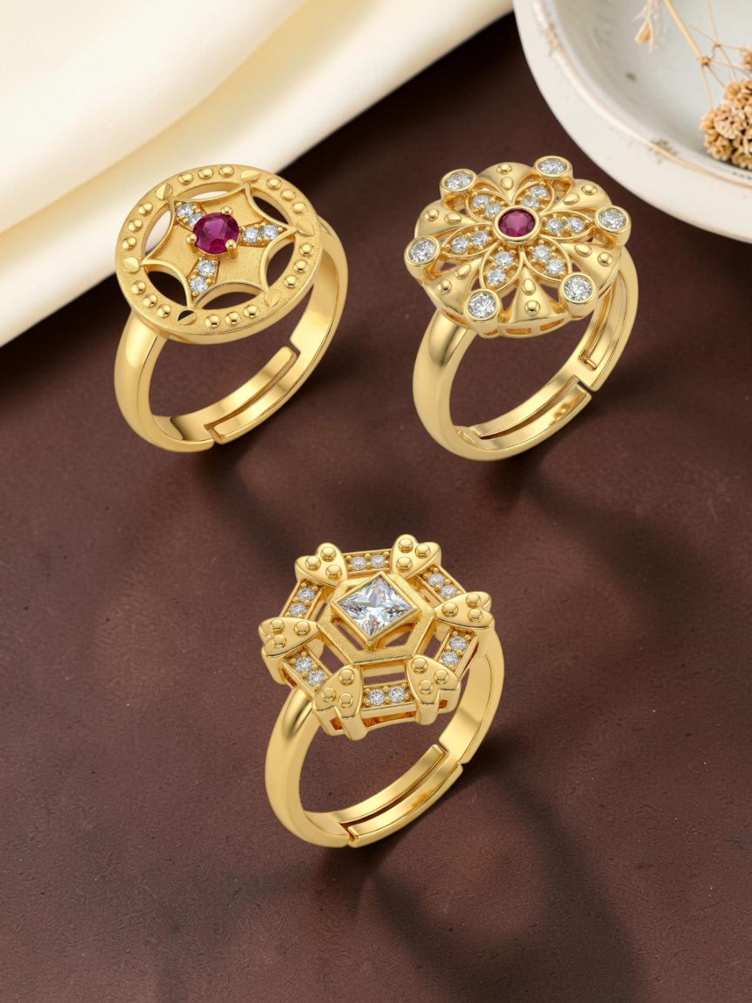 Gold Plated Adjustable Combo of 3 Rings for Women