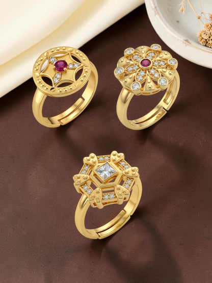 Gold Plated Adjustable Combo of 3 Rings for Women