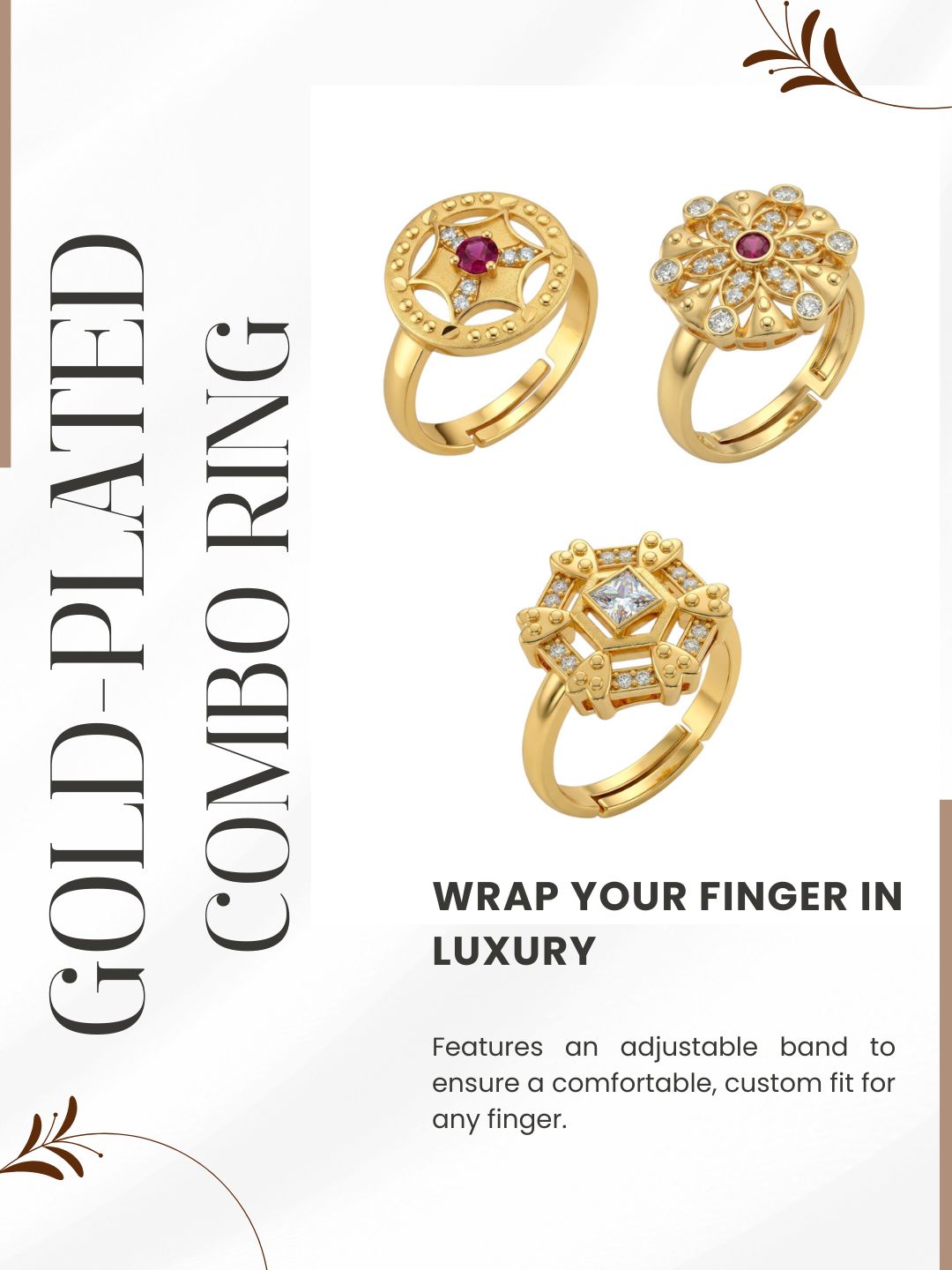 Gold Plated Adjustable Combo of 3 Rings for Women