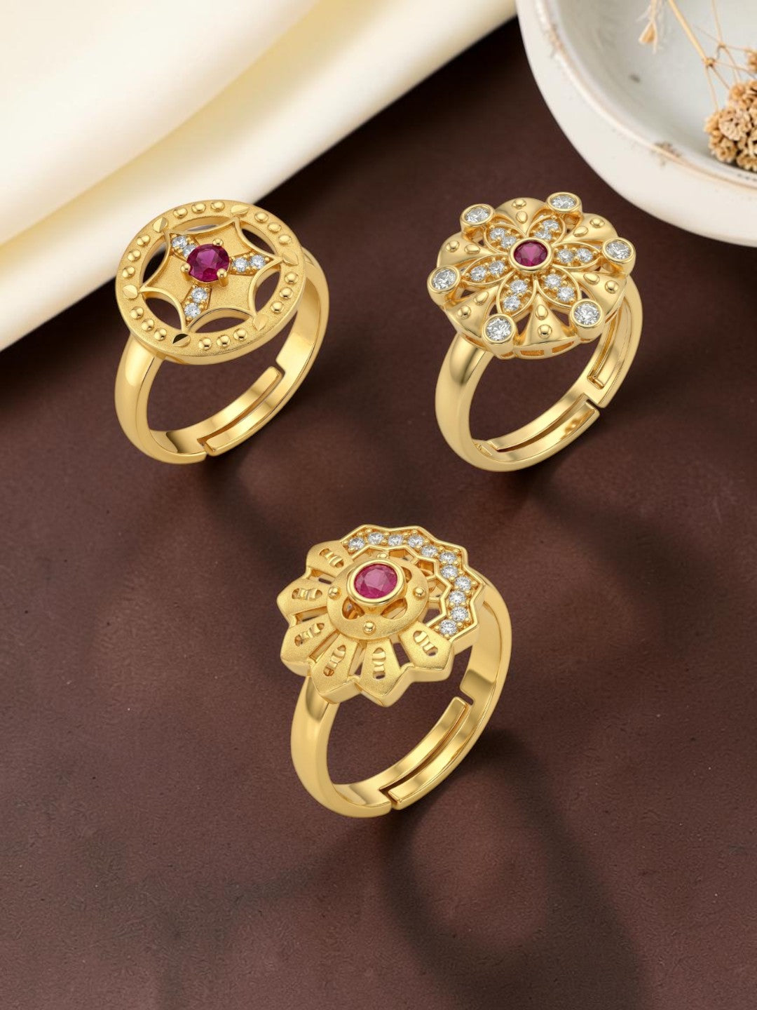 Gold Plated Adjustable Combo of 3 Rings for Women