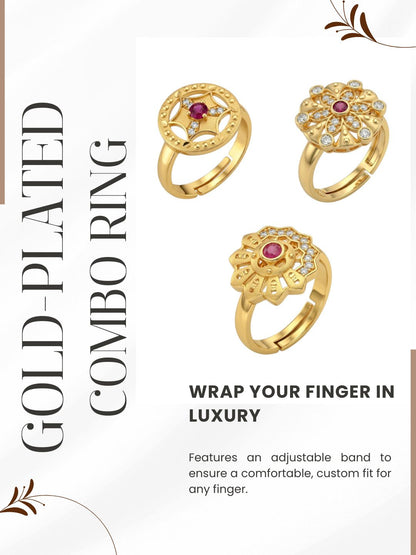 Gold Plated Adjustable Combo of 3 Rings for Women