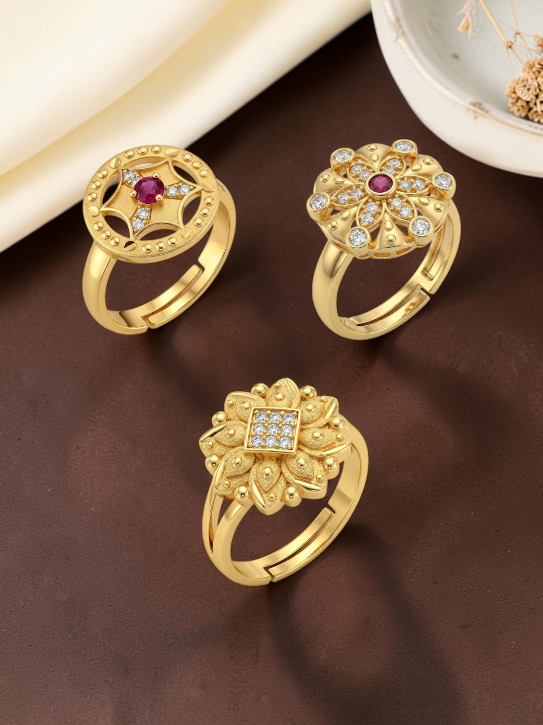 Gold Plated Adjustable Combo of 3 Rings for Women
