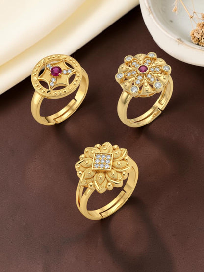 Gold Plated Adjustable Combo of 3 Rings for Women