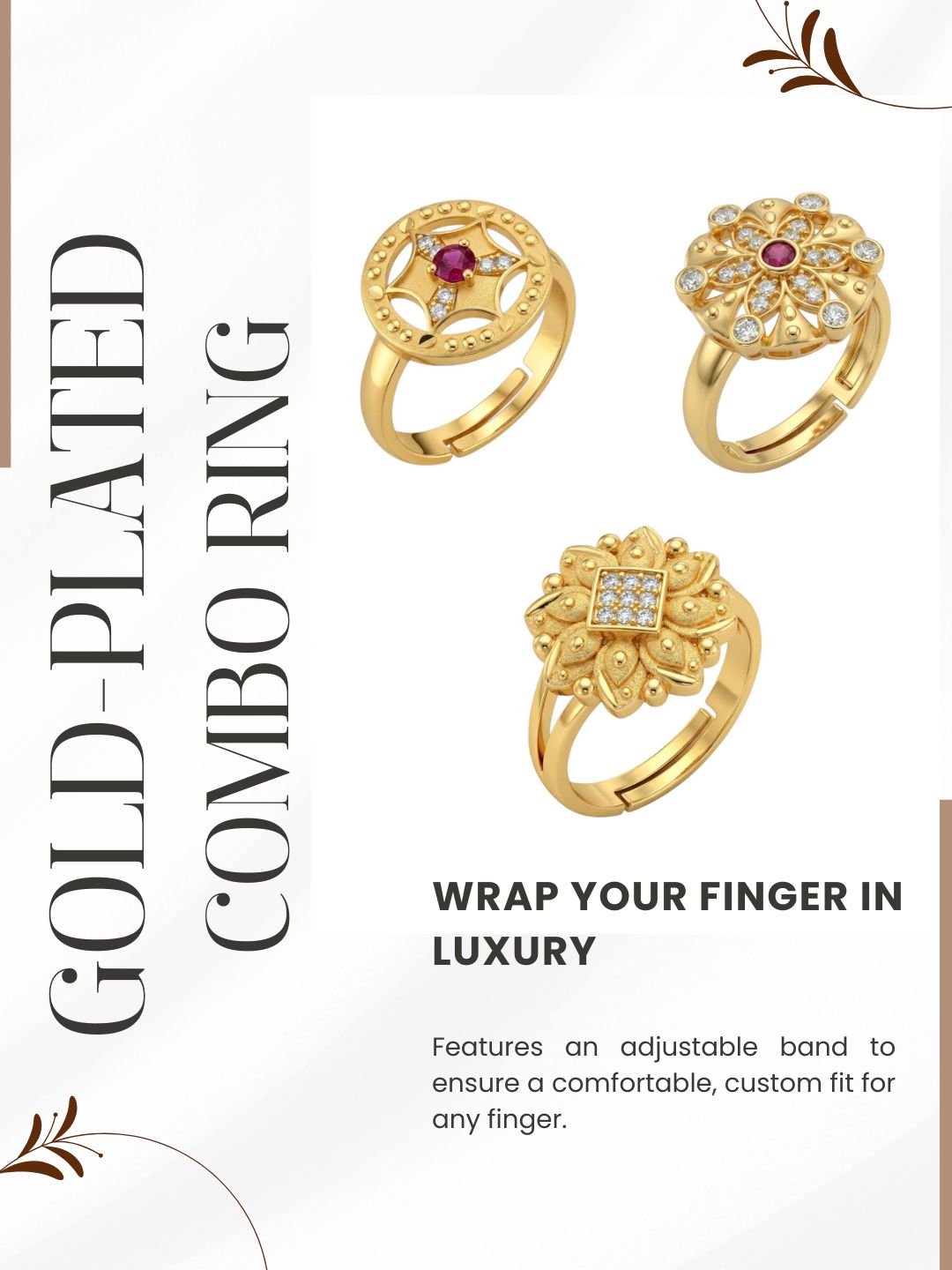 Gold Plated Adjustable Combo of 3 Rings for Women