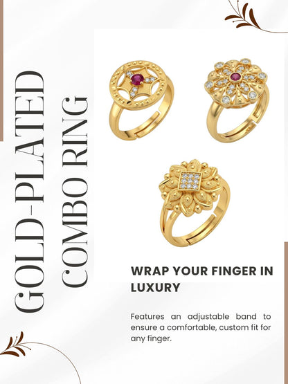 Gold Plated Adjustable Combo of 3 Rings for Women