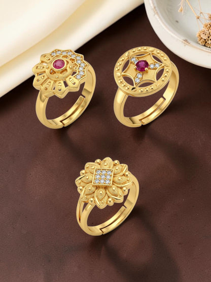 Gold Plated Adjustable Combo of 3 Rings for Women