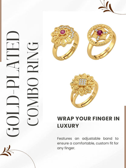 Gold Plated Adjustable Combo of 3 Rings for Women