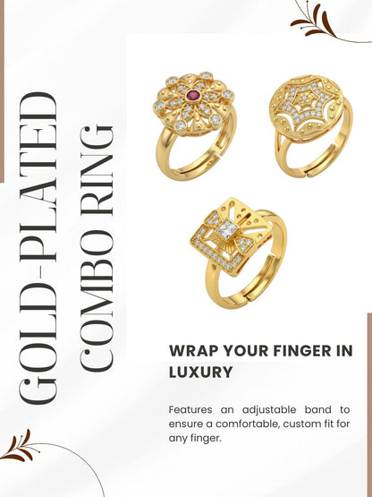Gold Plated Adjustable Combo of 3 Rings for Women