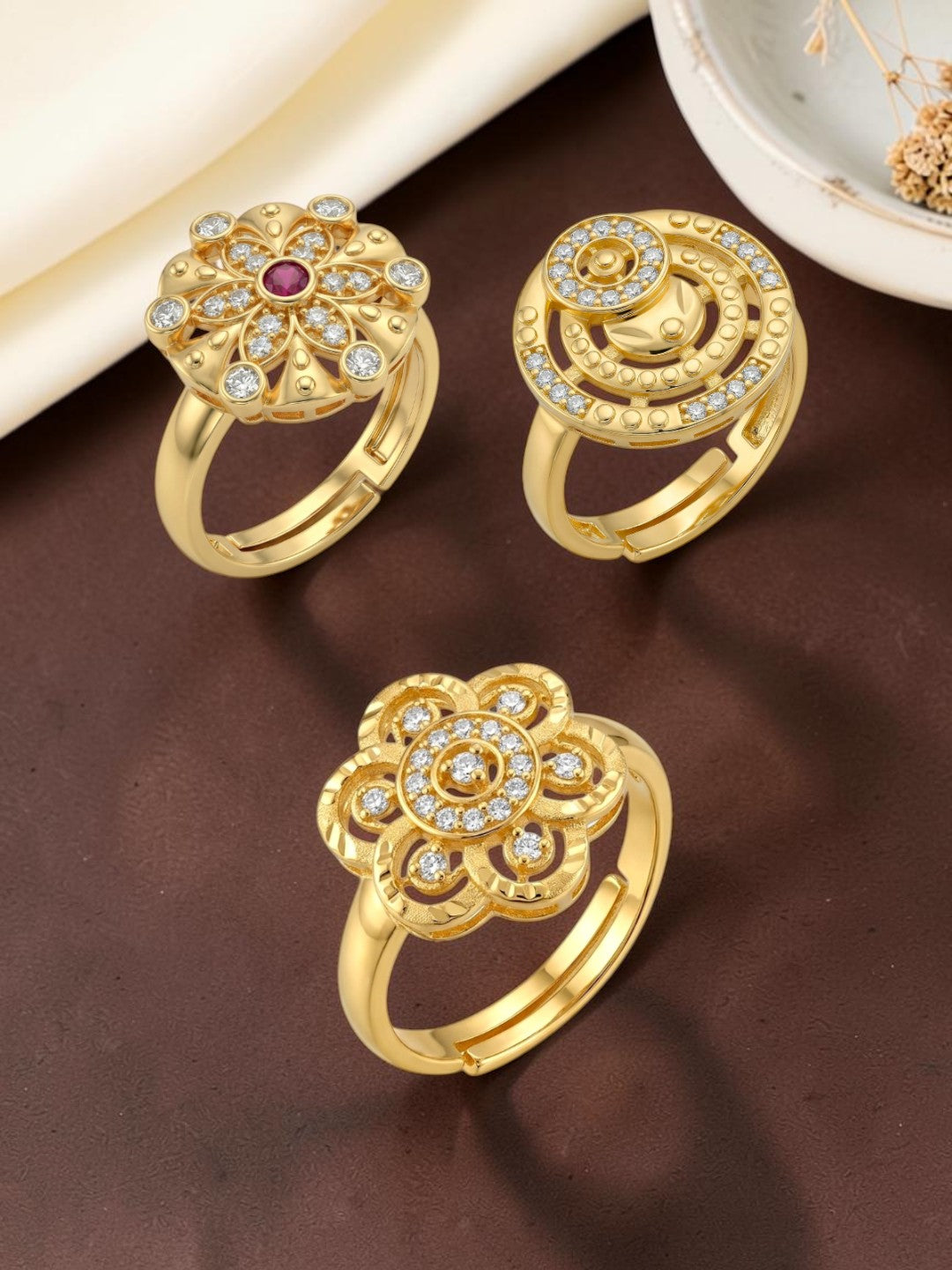 Gold Plated Adjustable Combo of 3 Rings for Women