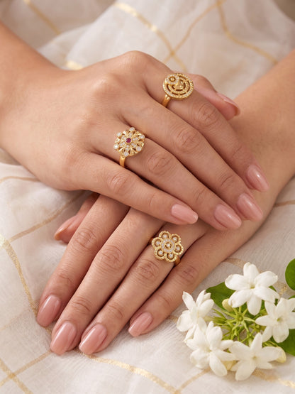 Gold Plated Adjustable Combo of 3 Rings for Women