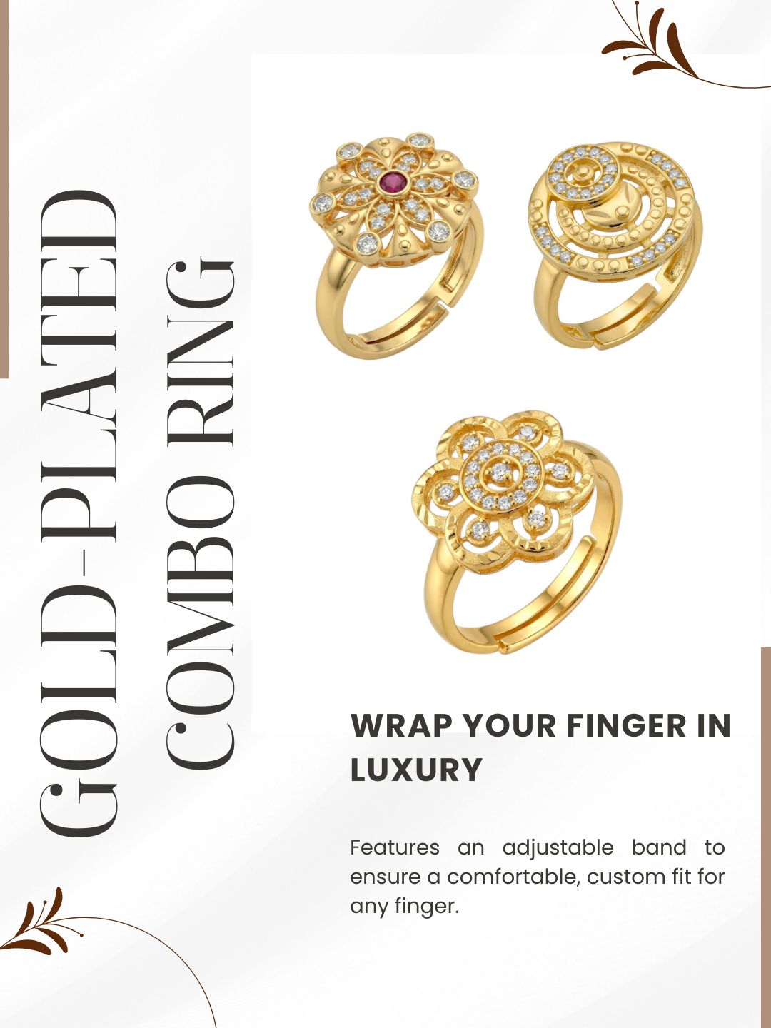 Gold Plated Adjustable Combo of 3 Rings for Women
