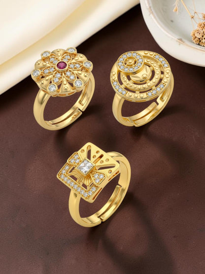 Gold Plated Adjustable Combo of 3 Rings for Women