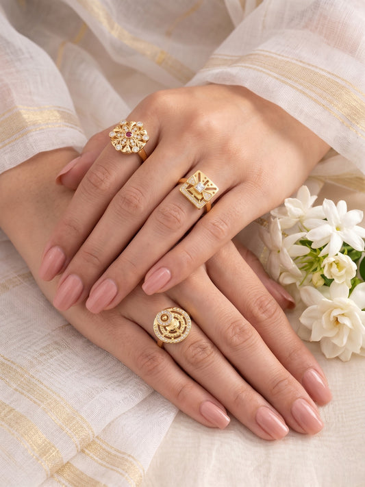 Gold Plated Adjustable Combo of 3 Rings for Women