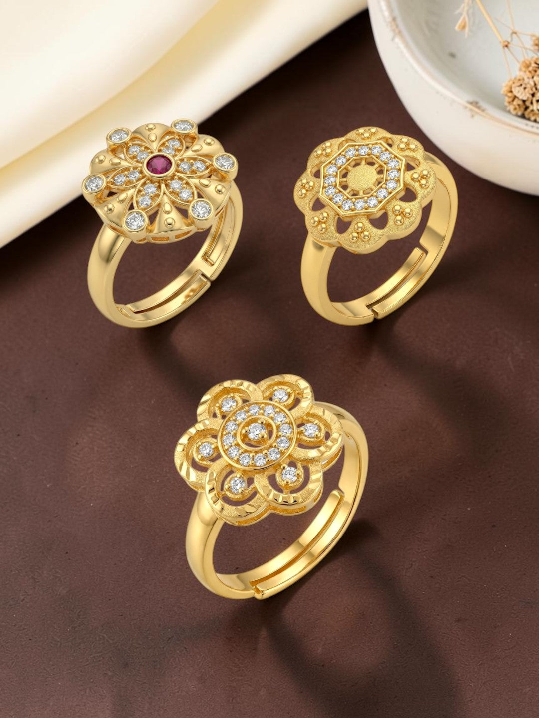 Gold Plated Adjustable Combo of 3 Rings for Women
