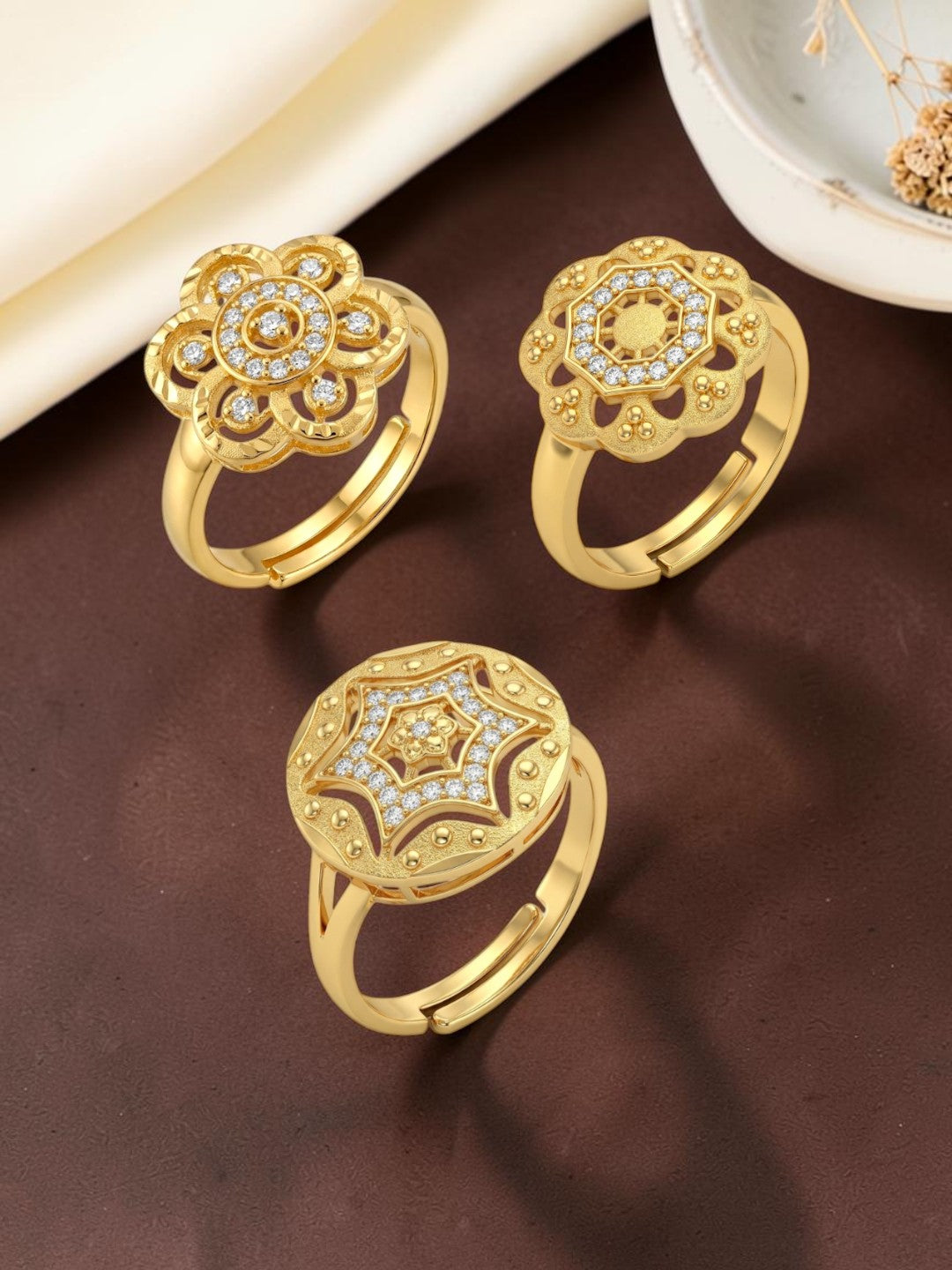 Gold Plated Adjustable Combo of 3 Rings for Women