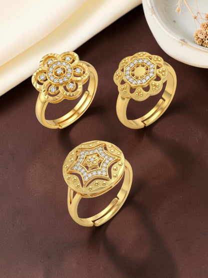 Gold Plated Adjustable Combo of 3 Rings for Women