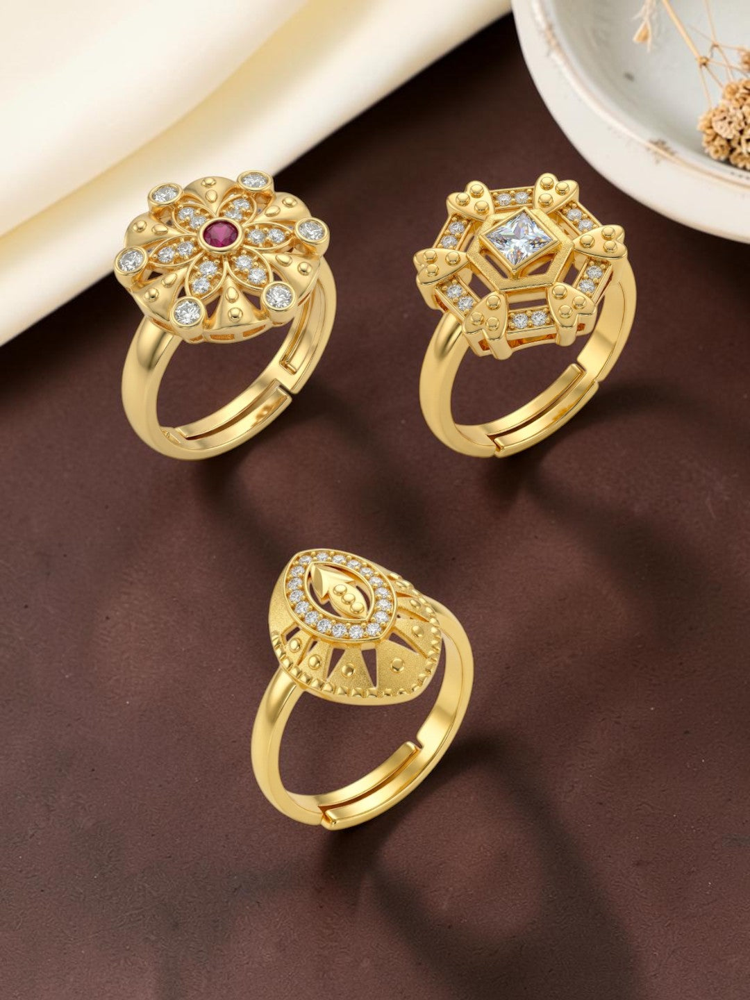 Gold Plated Adjustable Combo of 3 Rings for Women