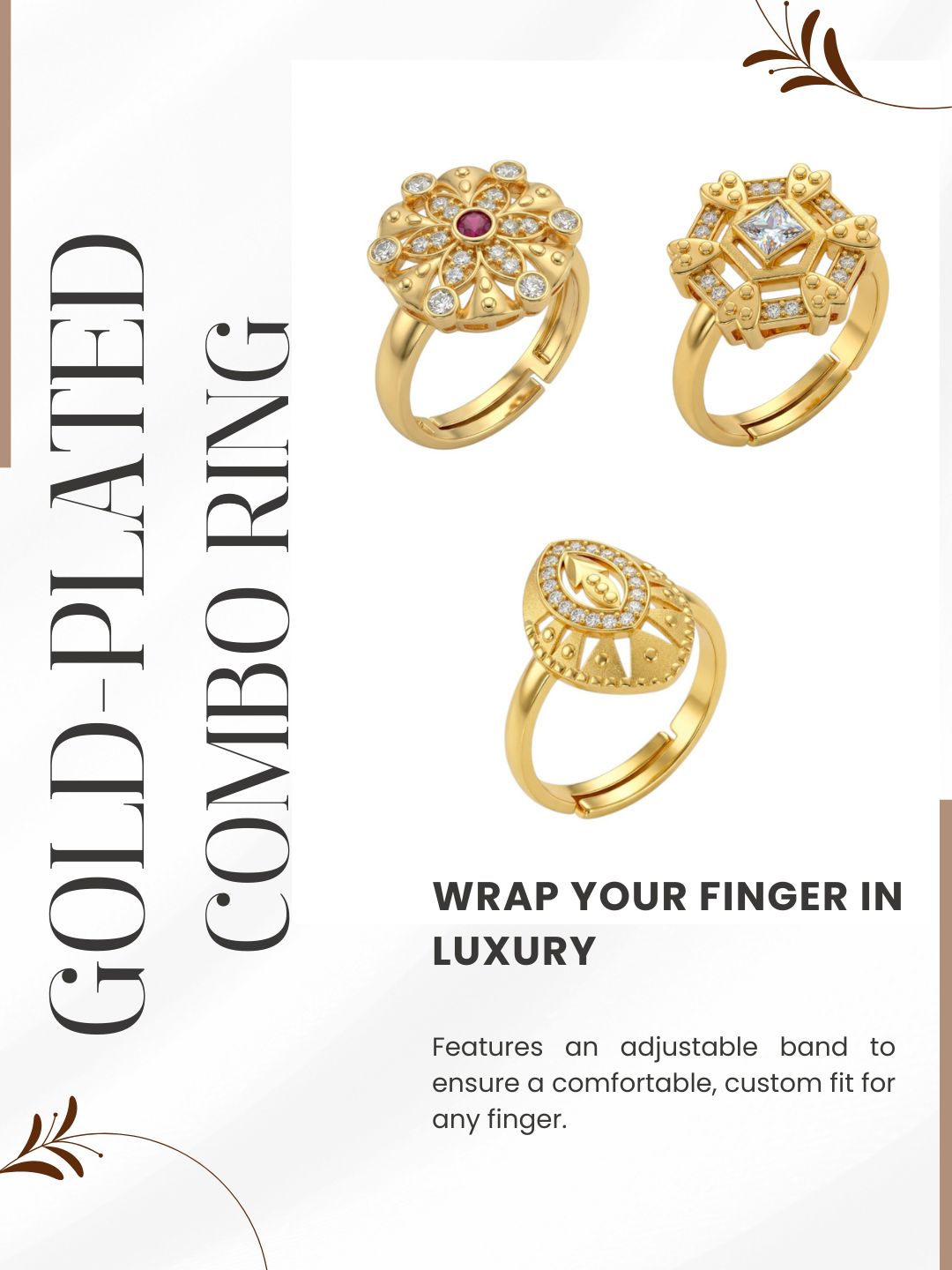 Gold Plated Adjustable Combo of 3 Rings for Women