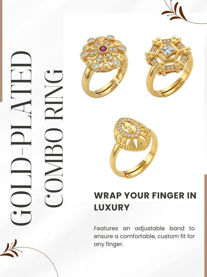 Gold Plated Adjustable Combo of 3 Rings for Women