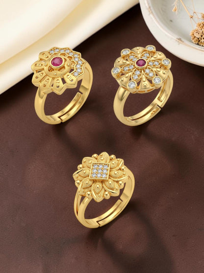 Gold Plated Adjustable Combo of 3 Rings for Women