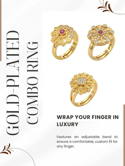 Gold Plated Adjustable Combo of 3 Rings for Women