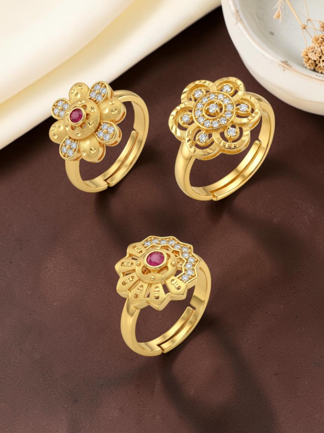Gold Plated Adjustable Combo of 3 Rings for Women