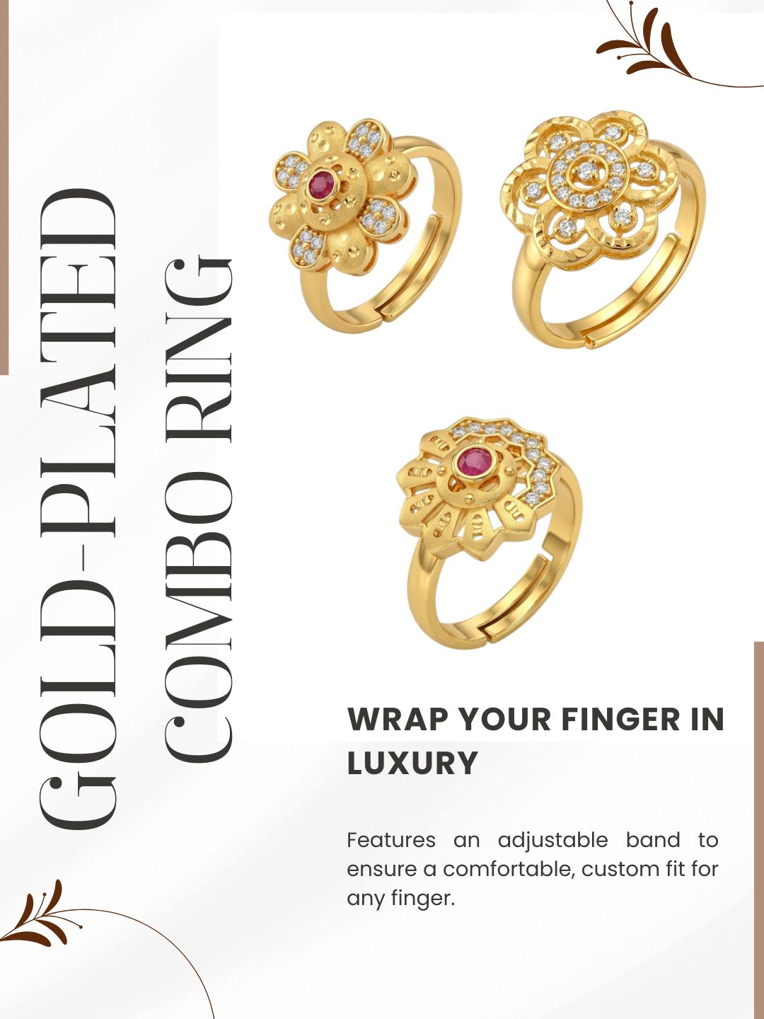 Gold Plated Adjustable Combo of 3 Rings for Women