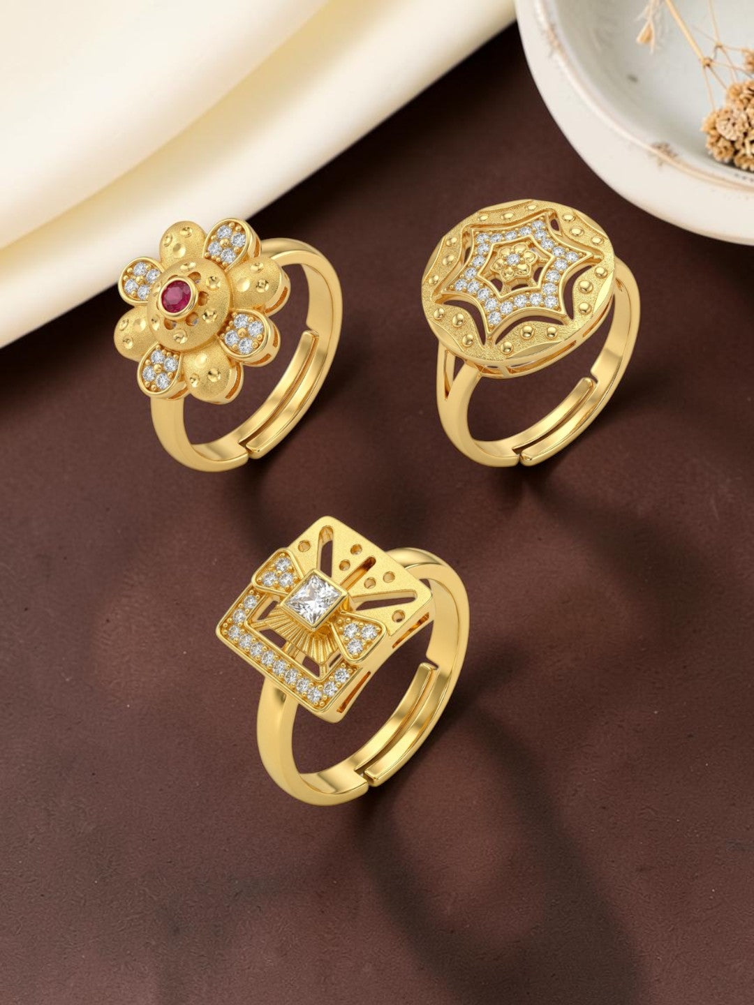 Gold Plated Adjustable Combo of 3 Rings for Women