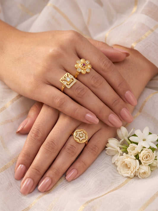 Gold Plated Adjustable Combo of 3 Rings for Women