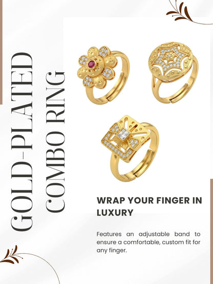Gold Plated Adjustable Combo of 3 Rings for Women