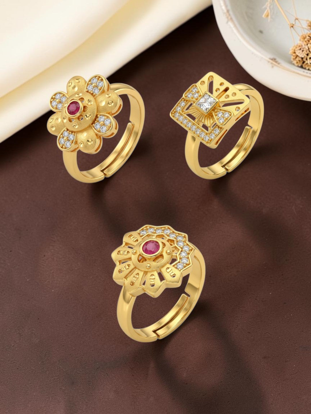 Gold Plated Adjustable Combo of 3 Rings for Women