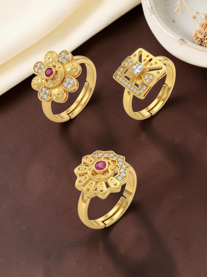 Gold Plated Adjustable Combo of 3 Rings for Women