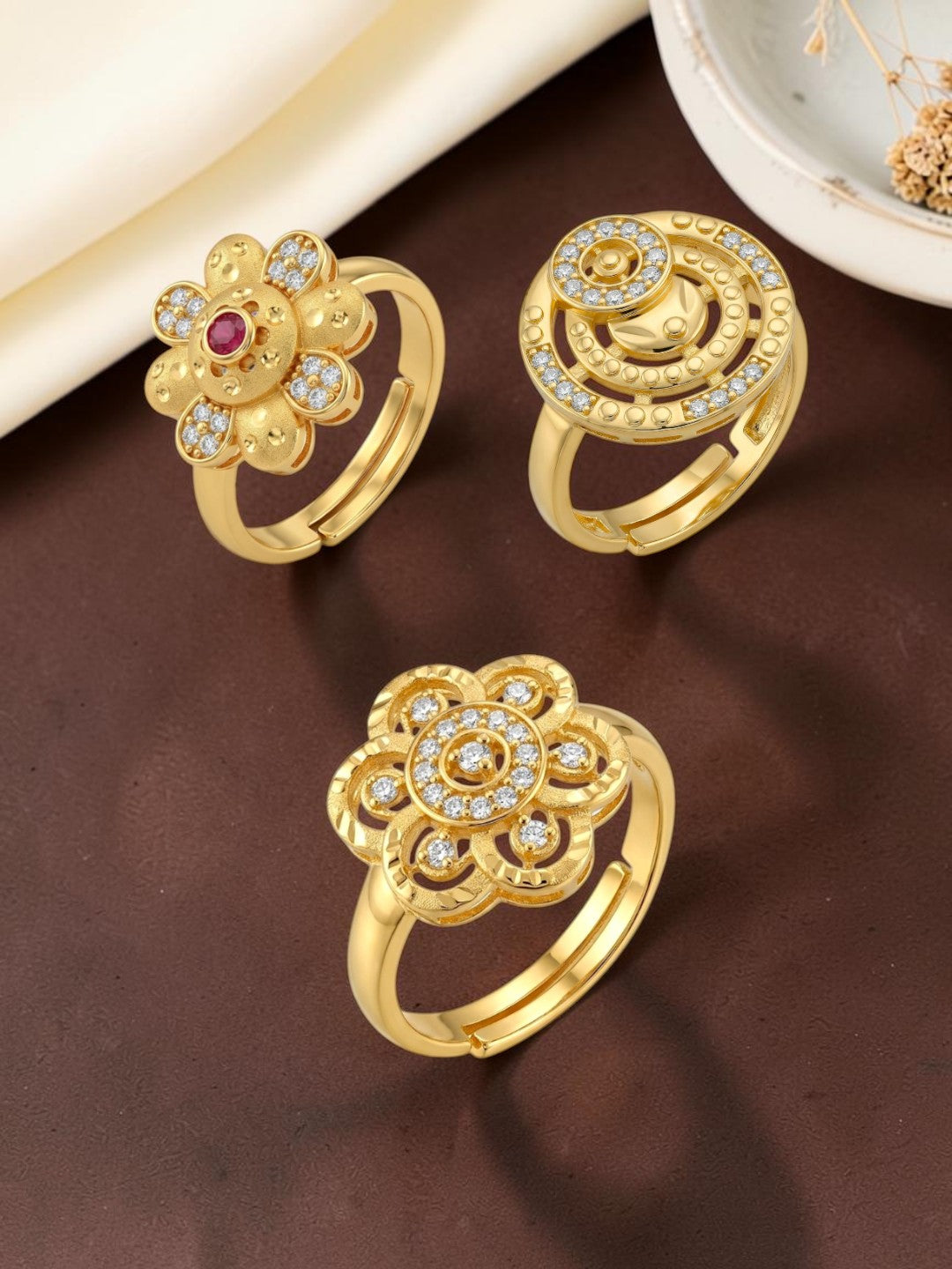 Gold Plated Adjustable Combo of 3 Rings for Women