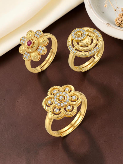 Gold Plated Adjustable Combo of 3 Rings for Women