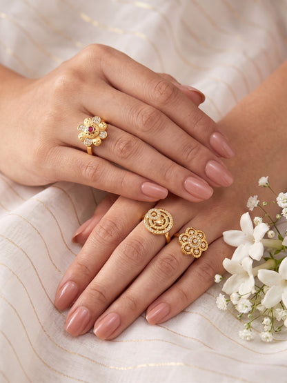 Gold Plated Adjustable Combo of 3 Rings for Women