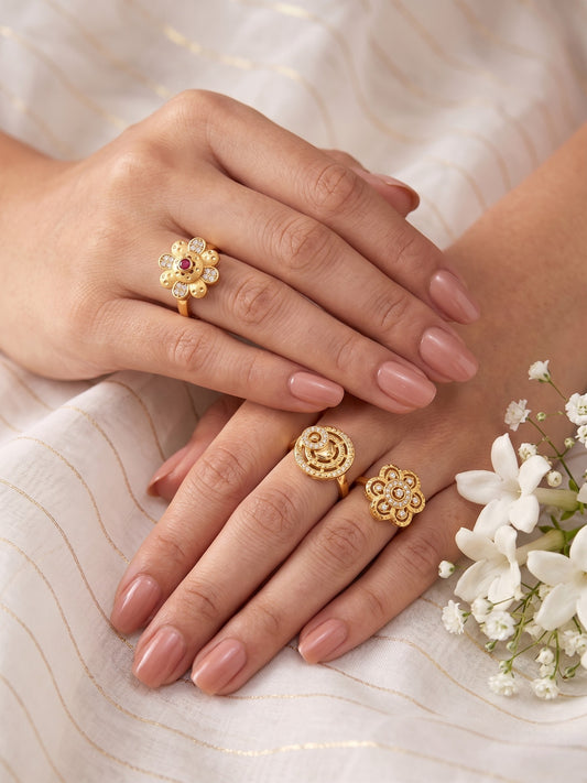 Gold Plated Adjustable Combo of 3 Rings for Women