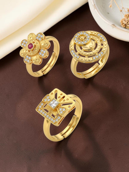 Gold Plated Adjustable Combo of 3 Rings for Women