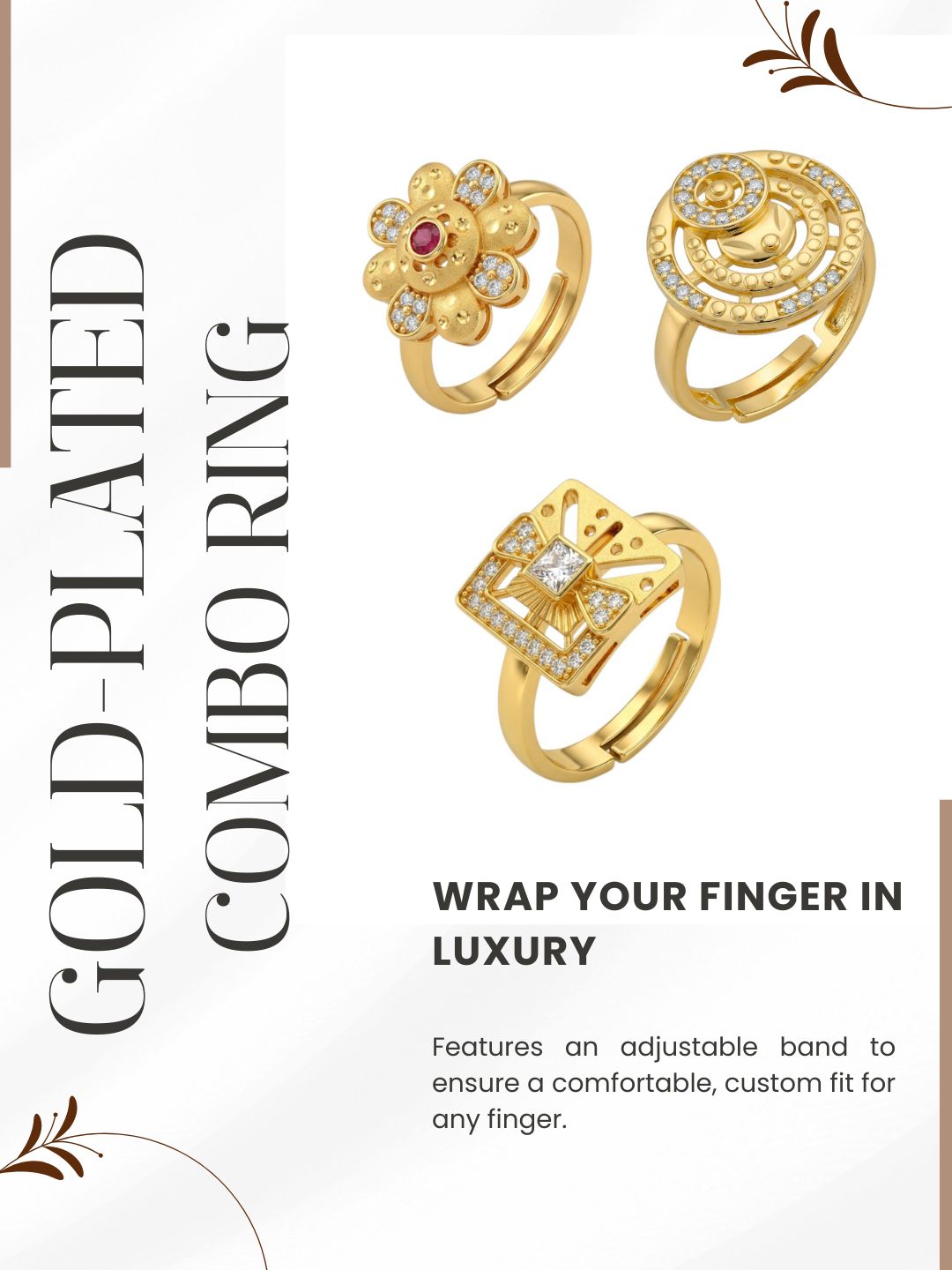 Gold Plated Adjustable Combo of 3 Rings for Women