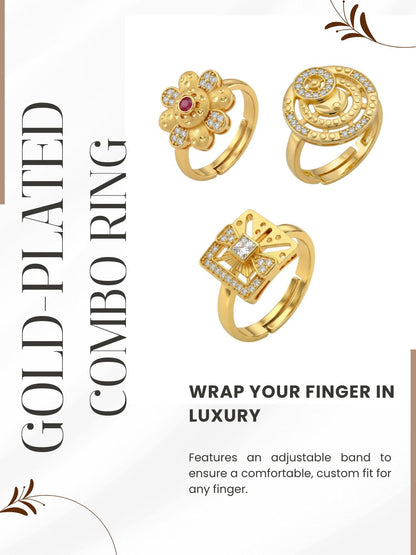 Gold Plated Adjustable Combo of 3 Rings for Women