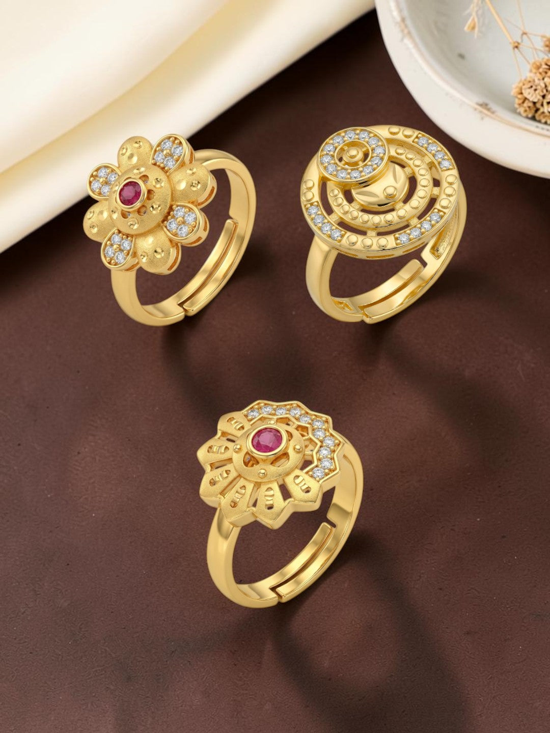 Gold Plated Adjustable Combo of 3 Rings for Women