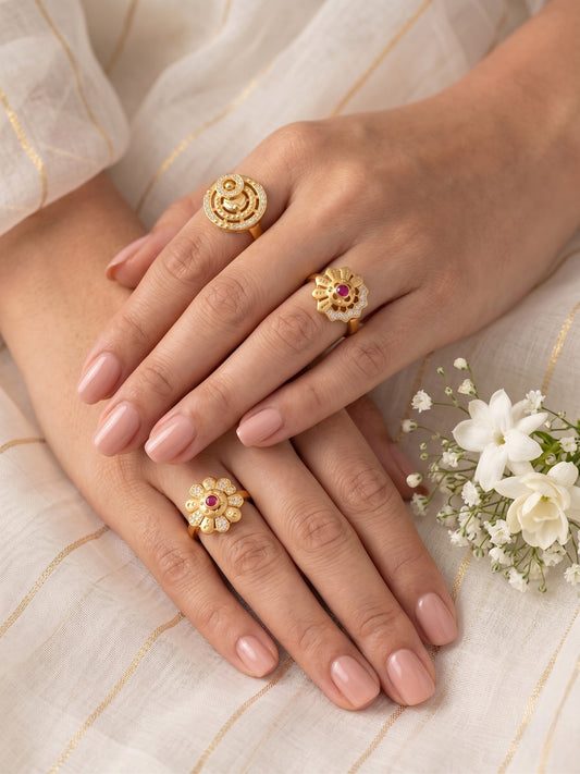 Gold Plated Adjustable Combo of 3 Rings for Women