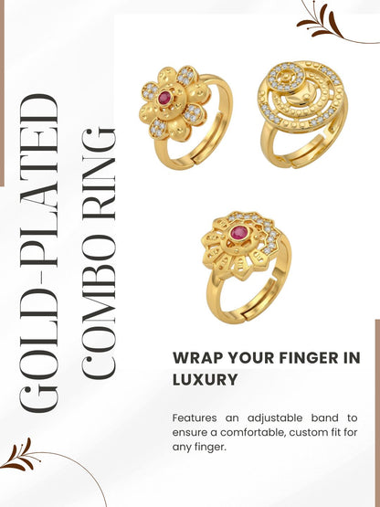 Gold Plated Adjustable Combo of 3 Rings for Women