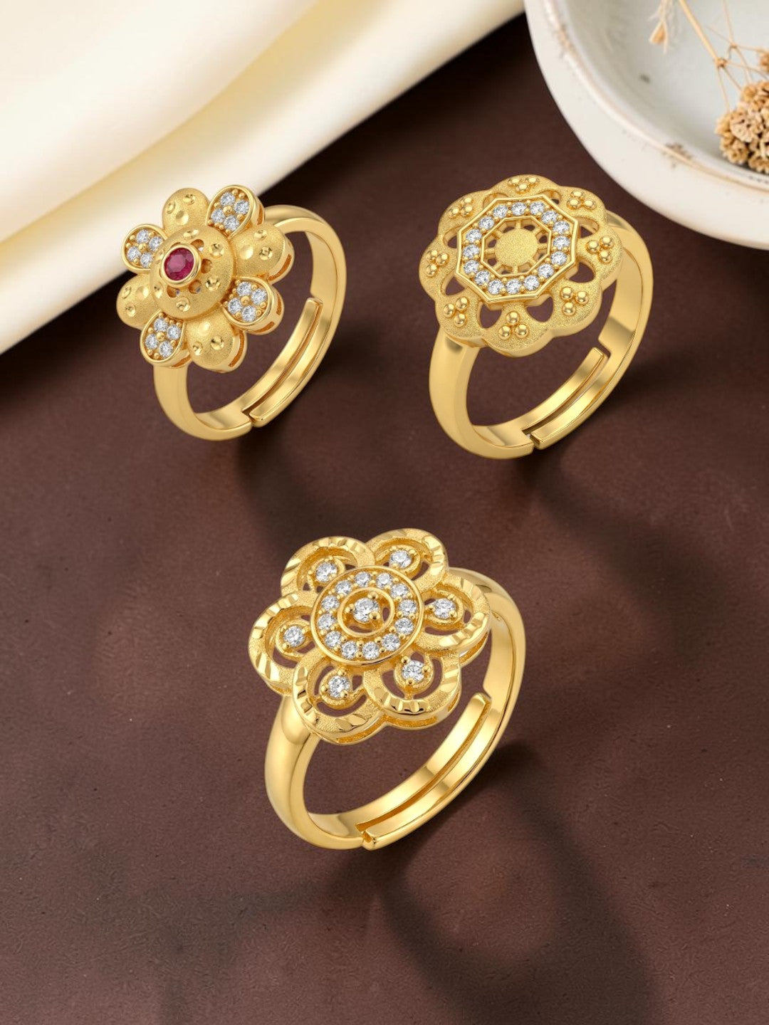 Gold Plated Adjustable Combo of 3 Rings for Women