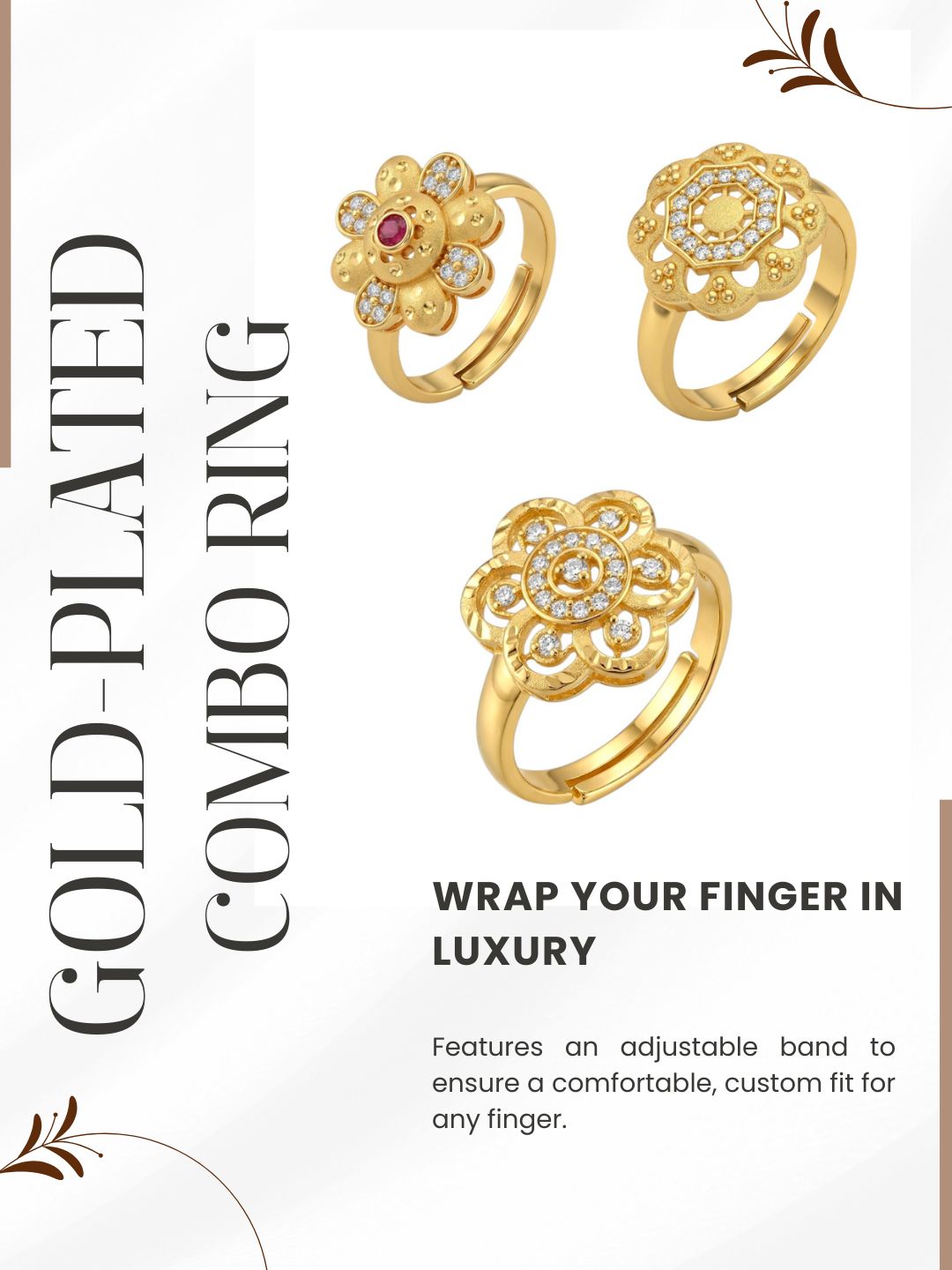 Gold Plated Adjustable Combo of 3 Rings for Women