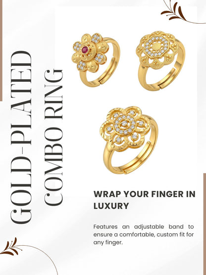 Gold Plated Adjustable Combo of 3 Rings for Women