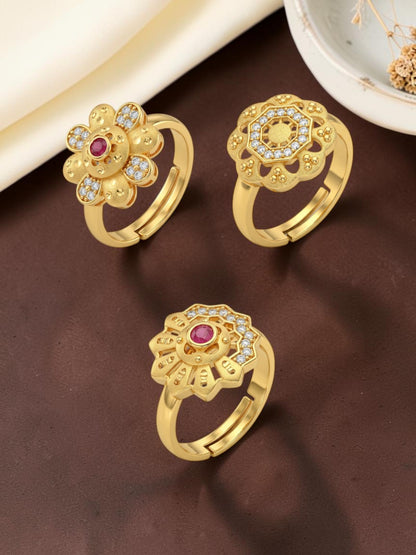 Gold Plated Adjustable Combo of 3 Rings for Women